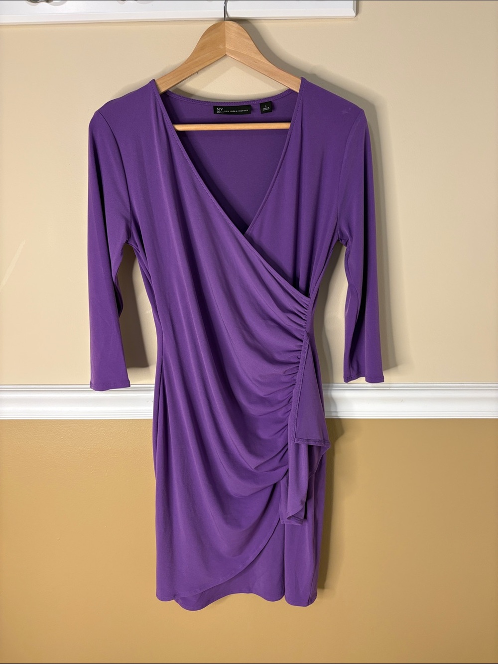 New York & Company Purple Faux-Wrap Ruched Long Sleeve Dress